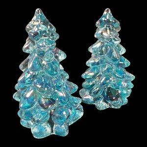 Pair Mosser Glass Trees Buffett Blue Carnival Iridescent 2.75” USA New